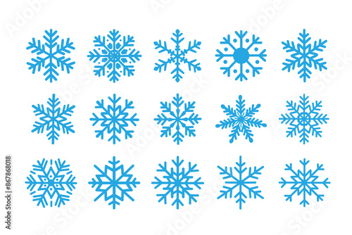 Different blue snowflake illustrations isolated