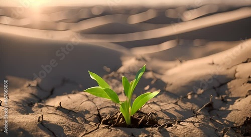 Young green plant growing in dry cracked land Concept climate change resilience and new beginnings Nature reblank covery Hope and renewal amidst adversity 4k photo