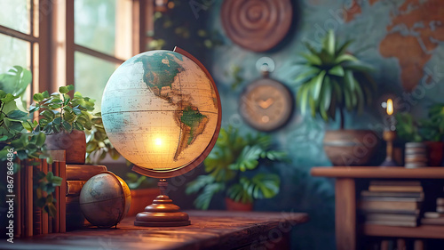 a globe with a globe on it sits on a table