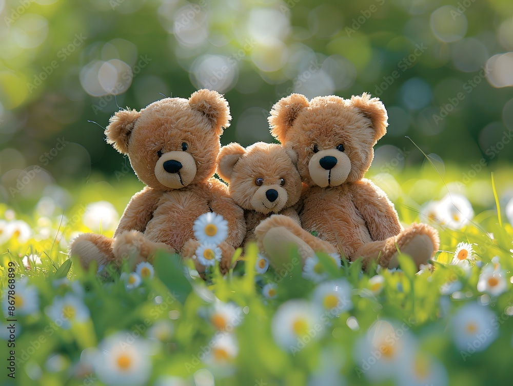 Three Adorable Teddy Bears Relaxing in a Daisy-Filled Meadow Three Adorable Teddy Bears Relaxing in a Daisy-Filled Meadow