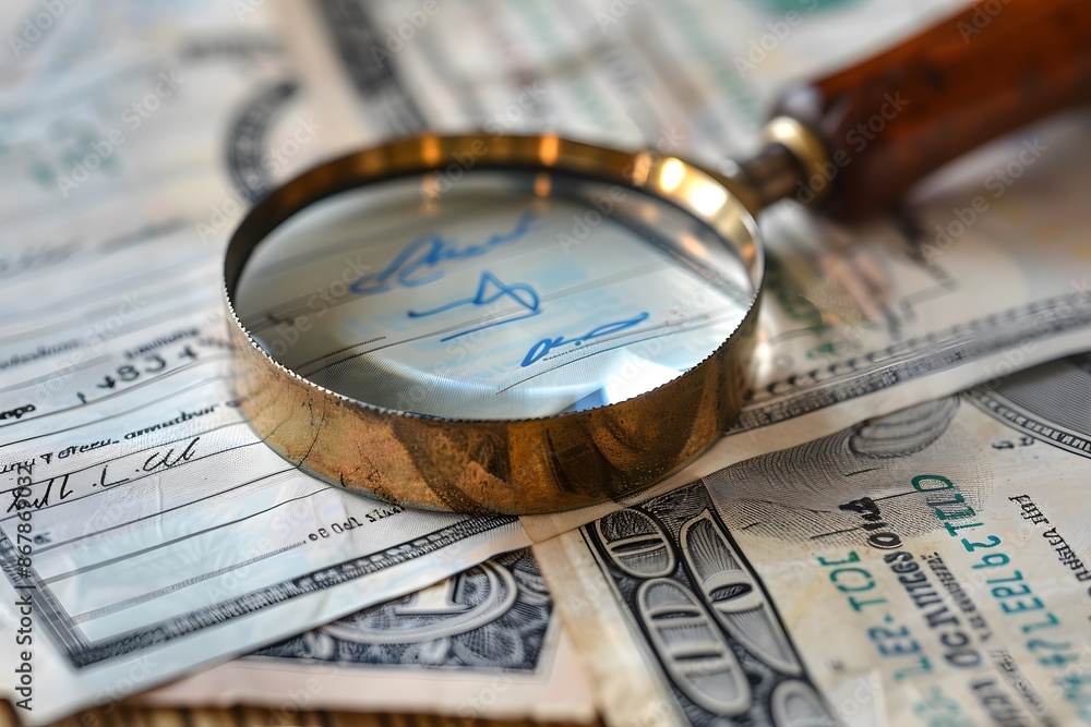 Magnifying Glass Examining Signatures on Financial Documents and Currency Magnifying Glass Examining Signatures on Financial Documents and Currency