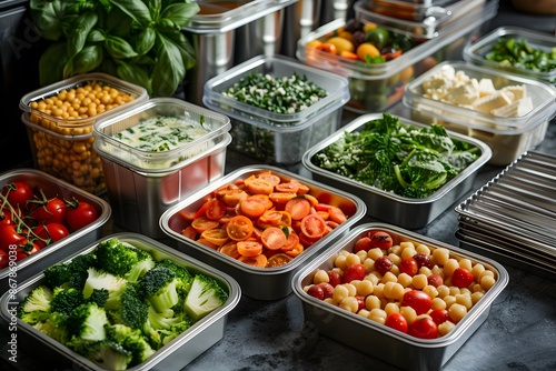 Fresh and Colorful Assortment of Prepared Vegetables in Stainless Steel Containers