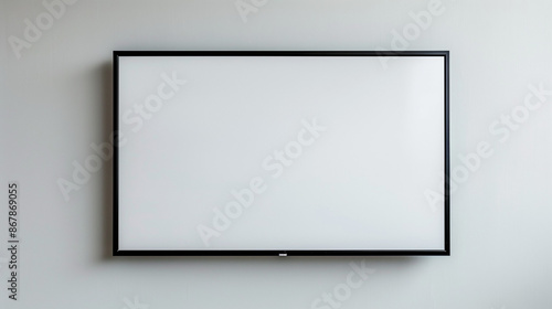 Mockup of a large flat-screen TV hanging on the wall with a black frame, white background and minimalistic style. 