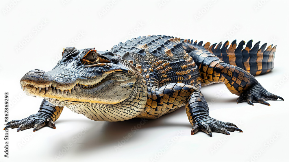A large alligator lays on its side on a white background. The alligator is brown and black with a white belly A large alligator lays on its side on a white background. The alligator is brown and black with a white belly