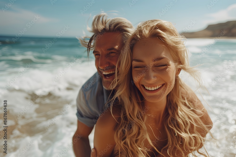 Joyful Couple Enjoying a Sunny Day at the Beach Joyful Couple Enjoying a Sunny Day at the Beach