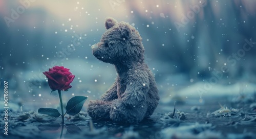 Brown Bear Cub Holding Red Rose in Autumn Forest