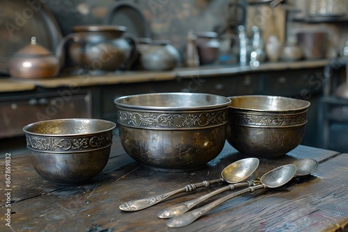 Antique Metal Bowls and Spoons on a Rustic Wooden Table