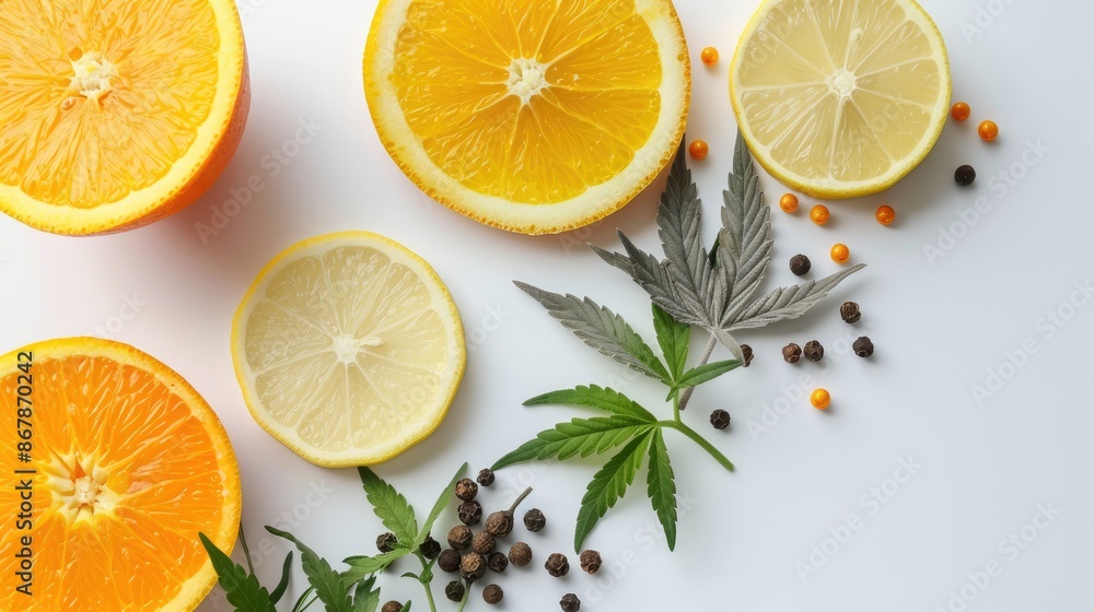 Concept of Cannabis Terpene with Lemon Orange and Peppercorns on White Surface Concept of Cannabis Terpene with Lemon Orange and Peppercorns on White Surface