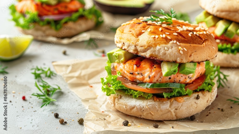 Salmon and avocado burger on a light background healthy take out option Salmon and avocado burger on a light background healthy take out option