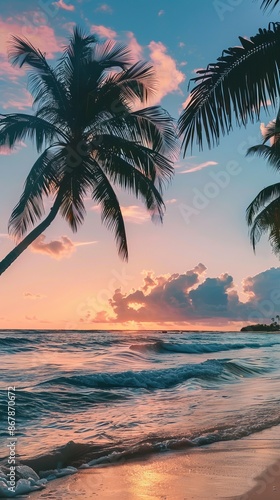 Beach at sunset with palm trees, tranquil water. Tropical paradise and relaxation concept