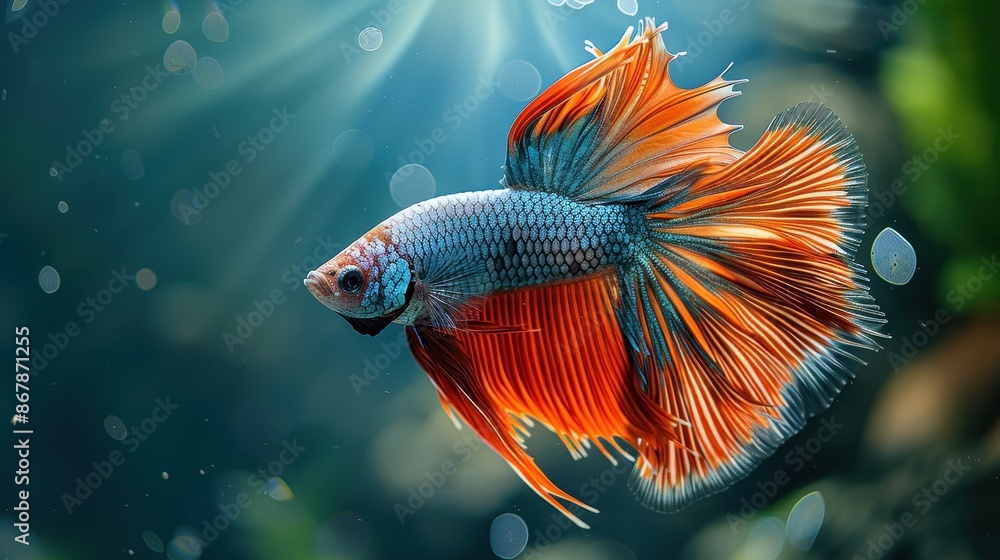 Obraz premium A fish with orange fins swimming in a blue tank
