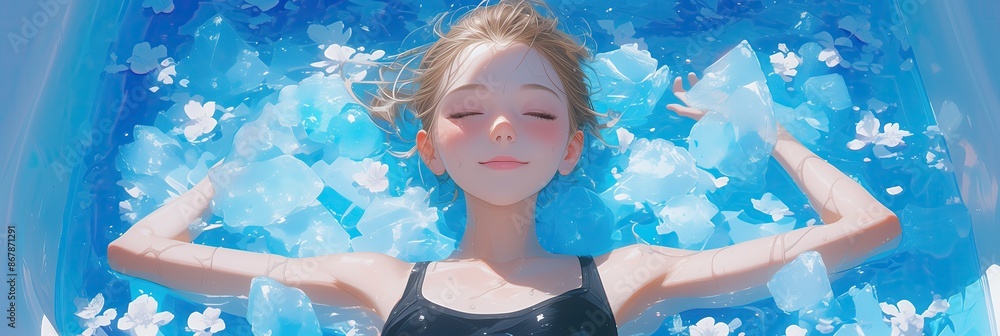 Young woman takes ice bath. Girl relaxes in blue water tub with ice ...