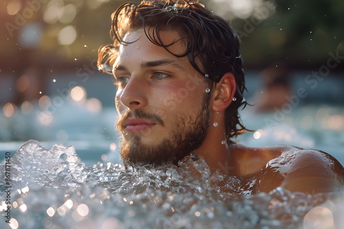 Young man with beard and wet hair in ice bath, looks contemplative and calm. Water sparkles with light reflections, serene and refreshing, perfect for relaxation. Ice bath concept, Wim Hof ​​method