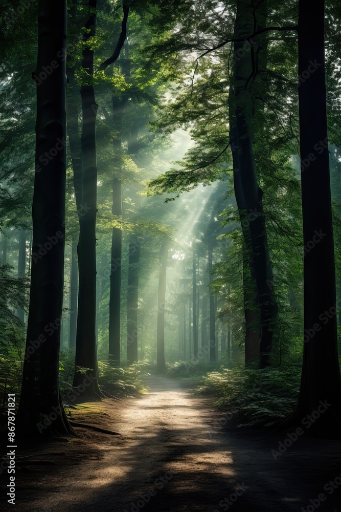 Sunlight streaming through dense forest trees, illuminating serene woodland path Sunlight streaming through dense forest trees, illuminating serene woodland path