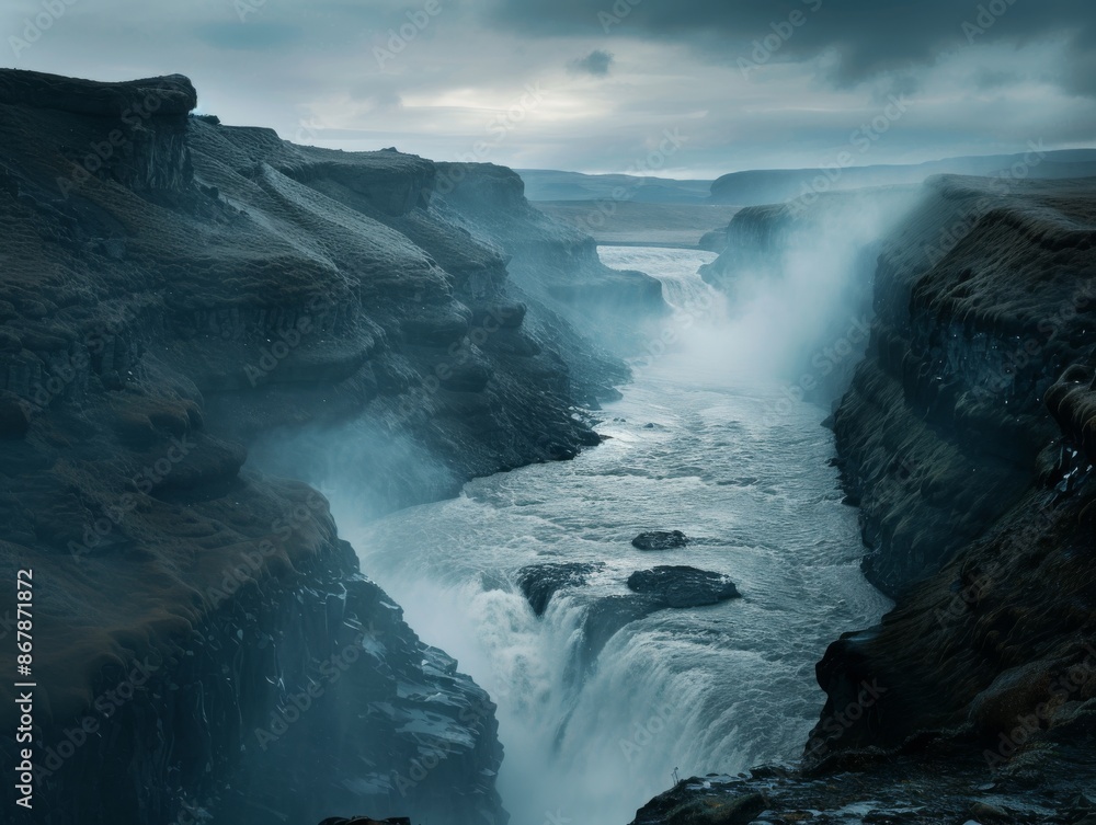 Dramatic View of the Waterfall in Iceland on a Cloudy Day Dramatic View of the Waterfall in Iceland on a Cloudy Day
