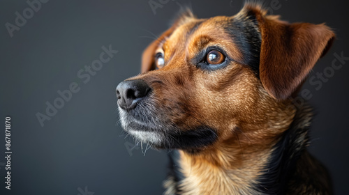 A brown dog with a black nose and brown eyes is looking at the camera. The dog is sitting in front of a green plant © Людмила Мазур