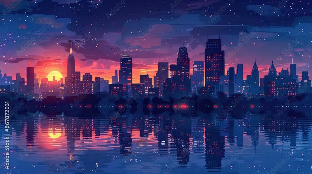 Fototapeta premium A city skyline with a sunset in the background