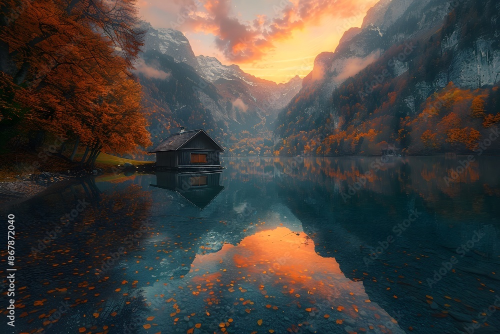Fototapeta premium Tranquil Lakeside Cabin Amidst Autumnal Mountains at Sunset