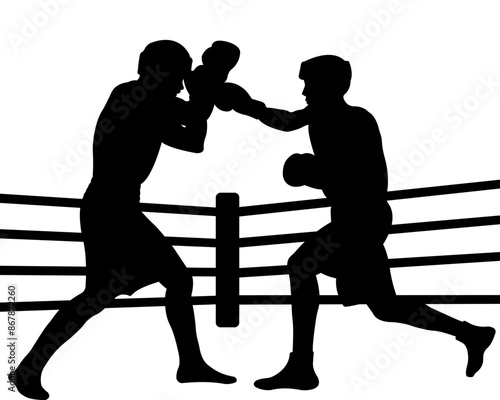 Silhouette of boxers in the ring.Duel.Vector illustration.