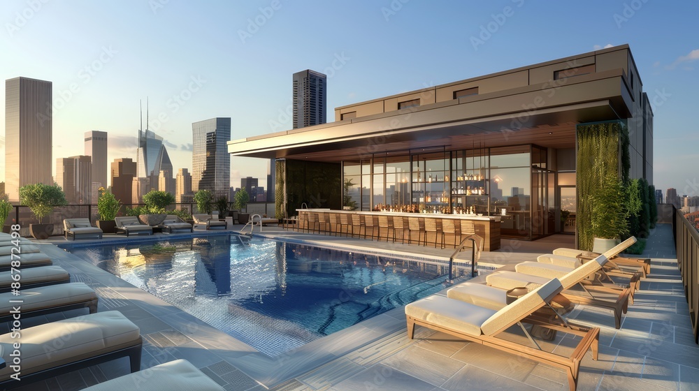 Obraz premium A rooftop pool with stunning city skyline views