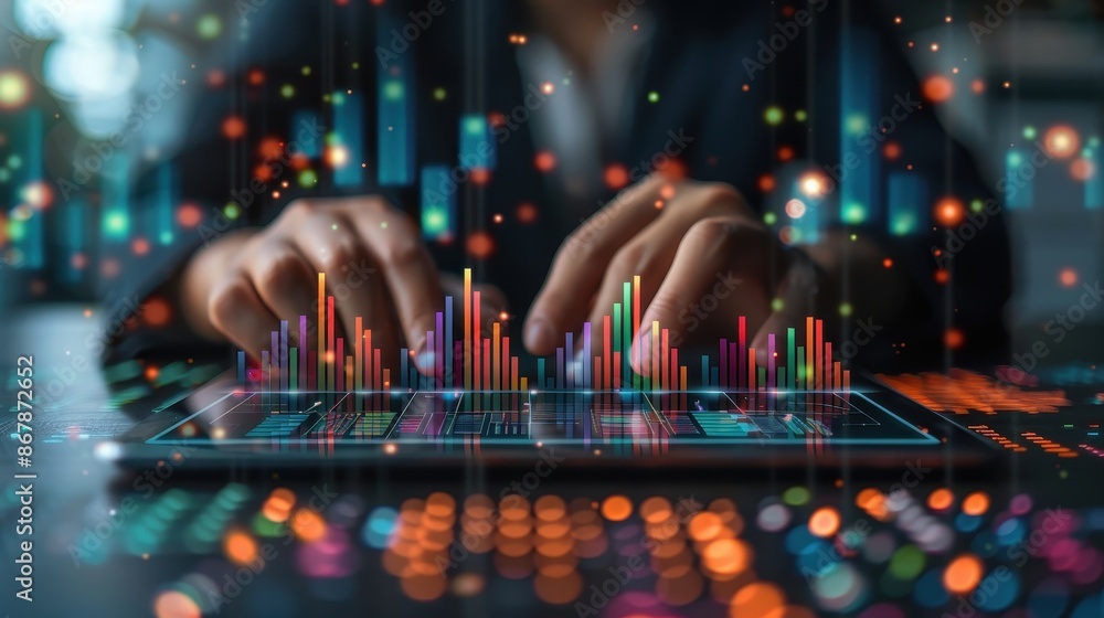 A person is typing on a tablet with colorful graphs A person is typing on a tablet with colorful graphs