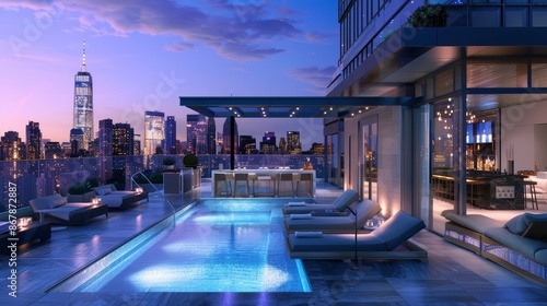 A rooftop pool with stunning city skyline views