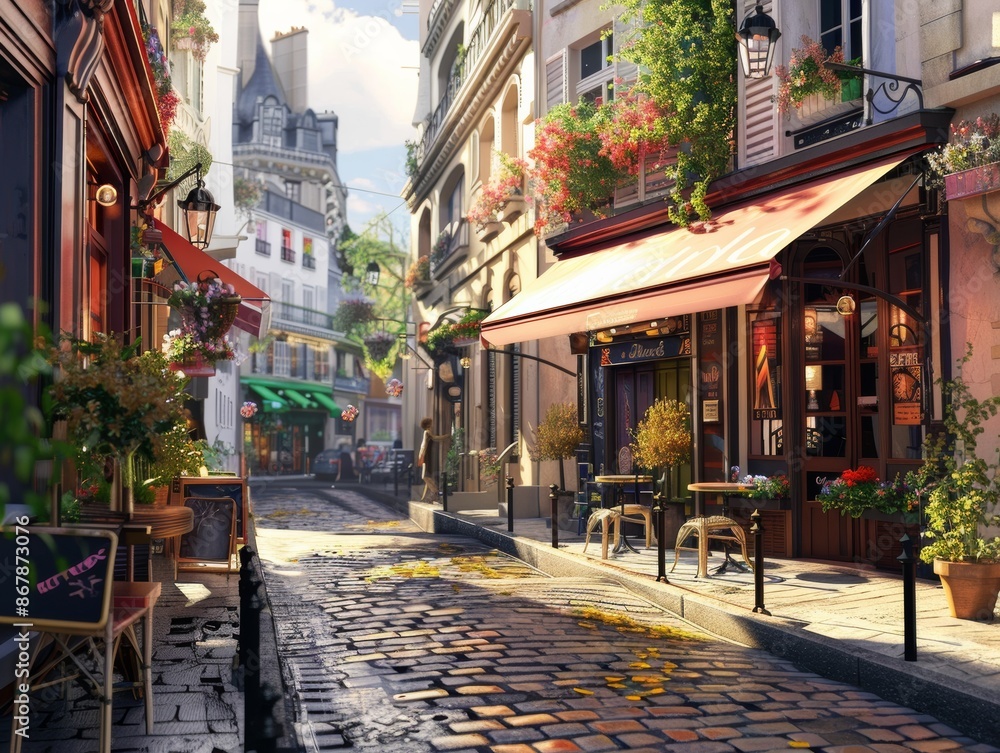 Fototapeta premium Cobblestone Street Cafe in a Parisian Neighborhood on a Sunny Day