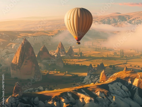 Hot Air Balloon Soaring Over Cappadocias Unique Rock Formations at Sunrise photo