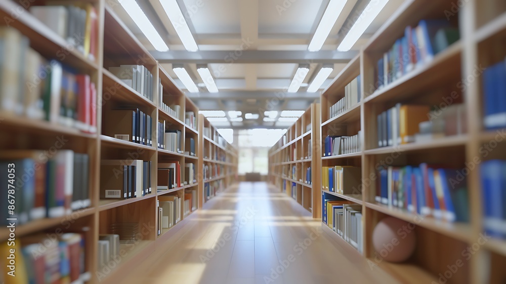 Modern library interior with wooden bookshelves Modern library interior with wooden bookshelves