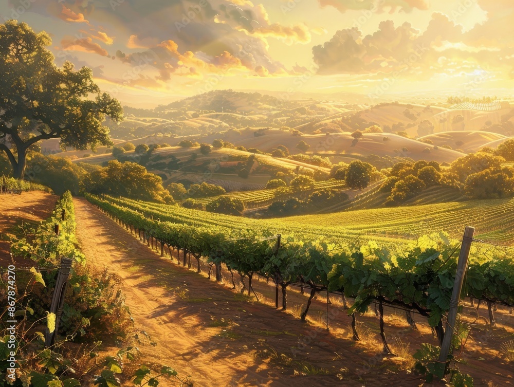 Fototapeta premium Golden Hour Sunset Over Rolling Hills Vineyard