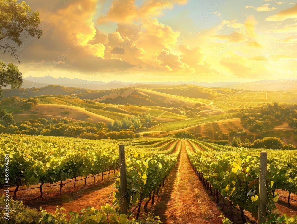 Fototapeta premium Golden Hour Sunlight Over Vineyard Rows in Rolling Hills