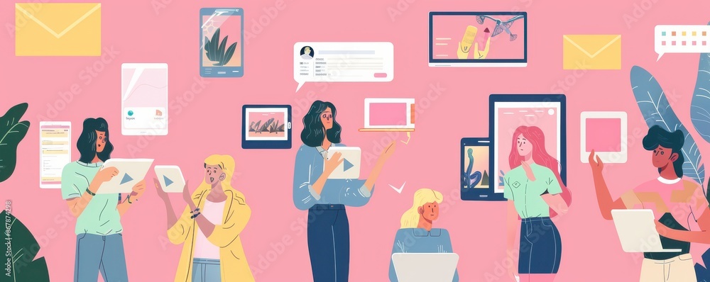 A group of people are holding cell phones and looking at them. Concept of people being preoccupied with their devices and not paying attention to their surroundings. Illustration. A group of people are holding cell phones and looking at them. Concept of people being preoccupied with their devices and not paying attention to their surroundings. Illustration.