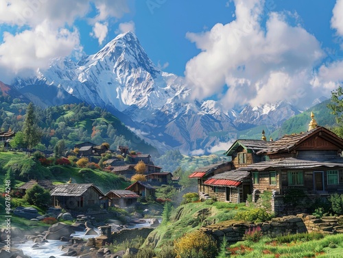 Mountain Village With Snow-Capped Peaks and a Winding River