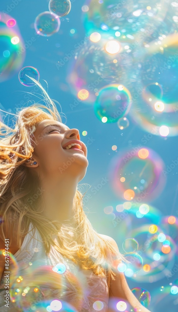 Cheerful woman joyfully interacting with colorful bubbles in bright outdoor environment Cheerful woman joyfully interacting with colorful bubbles in bright outdoor environment