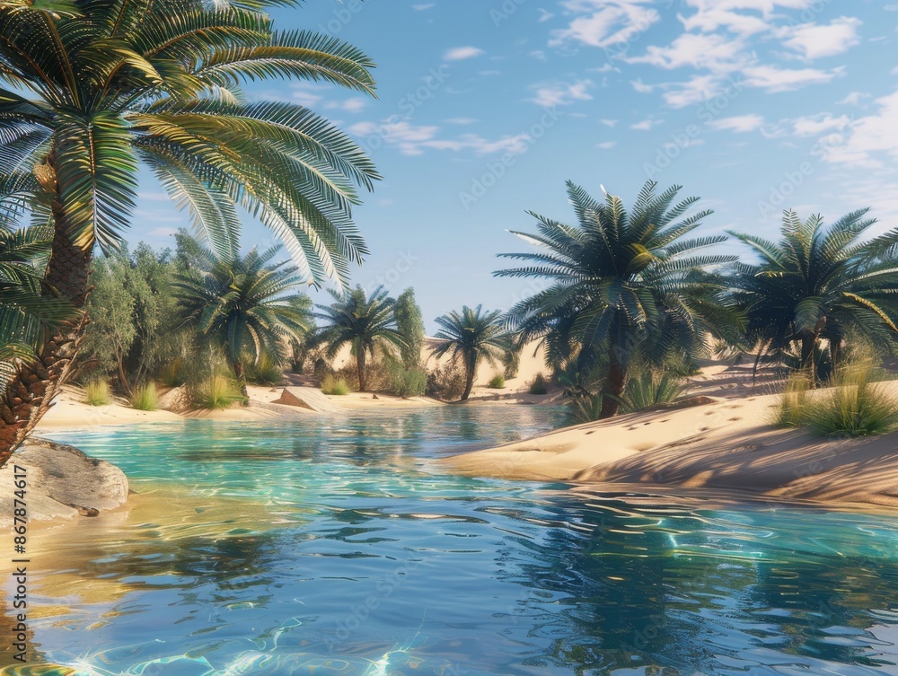Tranquil Oasis Pool Amidst Palm Trees in Desert Landscape Tranquil Oasis Pool Amidst Palm Trees in Desert Landscape