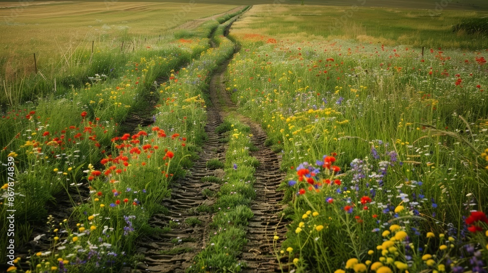 Fototapeta premium Tractor tire tracks through a field of wildflowers, rural beauty, agricultural work