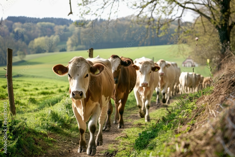 A herd of cows walking along a dirt path on a traditional farm, tranquil scene, agricultural life A herd of cows walking along a dirt path on a traditional farm, tranquil scene, agricultural life