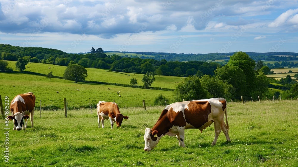 Cows grazing peacefully in a lush green farm field, serene landscape, rural life Cows grazing peacefully in a lush green farm field, serene landscape, rural life