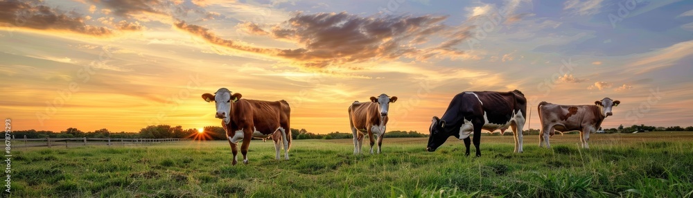 Cows in a field with a sunset sky, serene farm life, rural beauty Cows in a field with a sunset sky, serene farm life, rural beauty