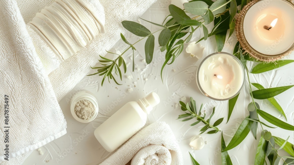 Spa Set with Natural Skin Care Items on White Towel with Greenery and Candle Top View Relaxation Theme Spa Set with Natural Skin Care Items on White Towel with Greenery and Candle Top View Relaxation Theme