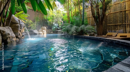 A serene pool in a spa setting, surrounded by bamboo and natural stone