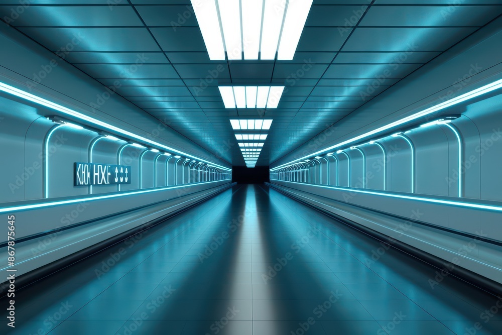 Obraz premium Discover the sleek and futuristic ambiance of a cyber airport interior, where every detail is designed for a seamless travel experience, offering copy space to inspire and inform