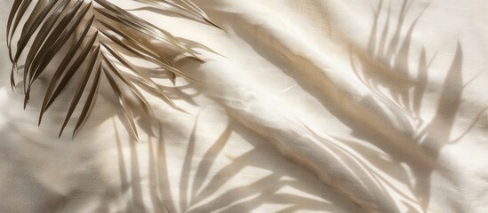 Shadows of palm leaves on beige linen fabric background, with space for text. Image representing summer vacation and beach holiday concept.