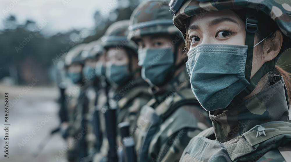 Several soldiers in camouflage uniforms and helmets stand in a line, wearing masks. The focus is on the first soldier, who is looking at the camera. Several soldiers in camouflage uniforms and helmets stand in a line, wearing masks. The focus is on the first soldier, who is looking at the camera.