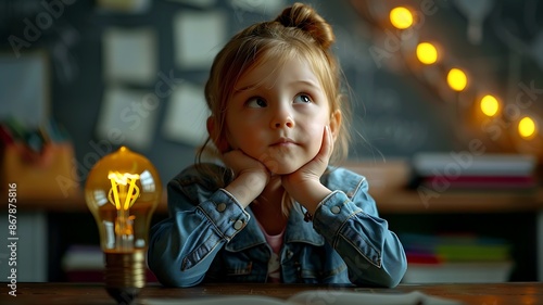 Thoughtful child with lightbulb in classroom