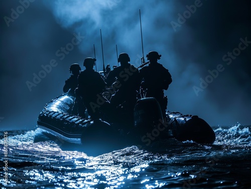 Silhouette of Soldiers in a Rigid Hull Inflatable Boat at Night
