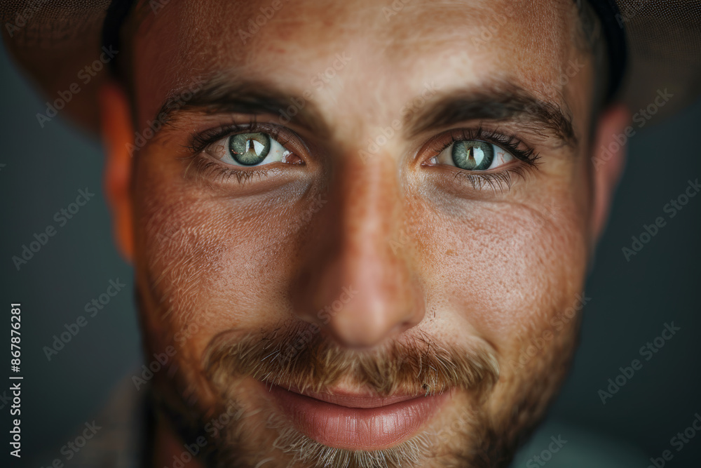 Obraz premium Close-up portrait of a young man of European descent, studio photo, against a sleek gray studio backdrop