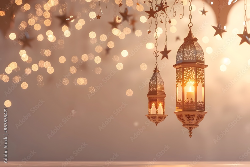 Obraz premium Elegant Hanging Lanterns with Starry Lights in a Warm, Festive Ambiance