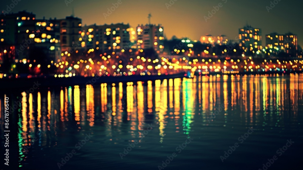City lights reflected in the river. Blurred background. Toned City lights reflected in the river. Blurred background. Toned