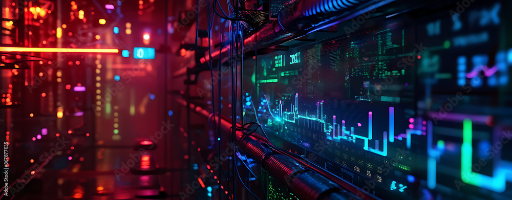 Fototapeta premium Digital background ideal for technological operations, neural networks, AI, data transmission and encryption, digital archives, audio and visual representations, scientific research